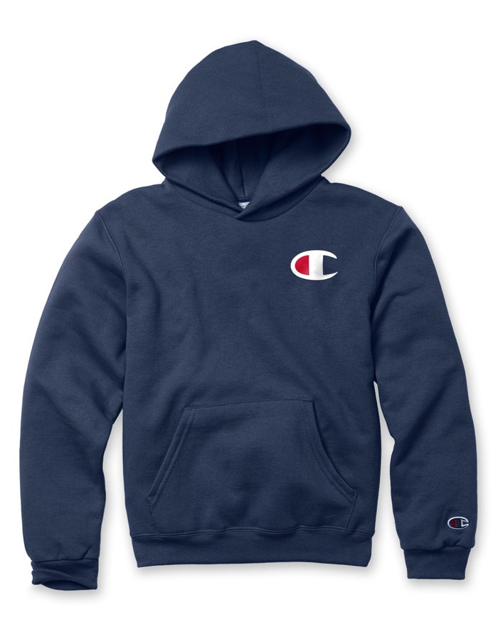 Champion Girls Hoodie NZ - Double Dry Giant C Logo Navy ( 0738-JGKBP )